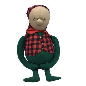 Overly-Raker Old Man Christmas Plush Bell Buttons Stuffed Toy Plaid 13" sitting